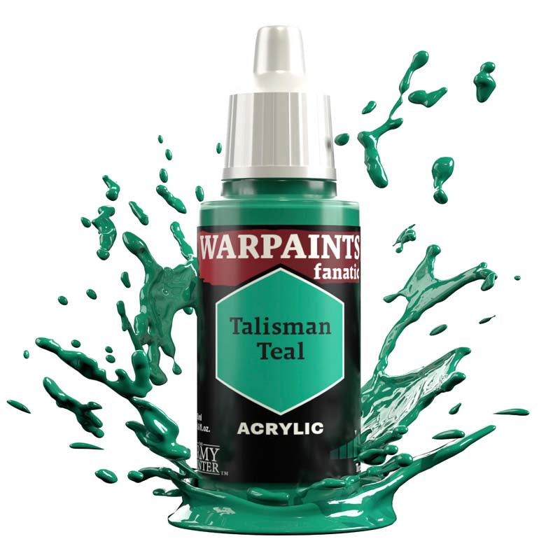 The Army Painter Warpaint Fanatic Talisman Teal acrylic paint bottle with vivid bluish green splash effect