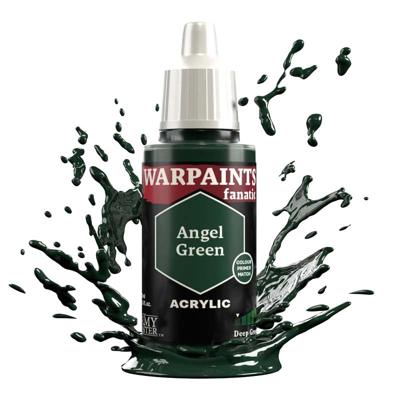 The Army Painter Air Angel Green acrylic paint bottle with green paint splashes surrounding it.