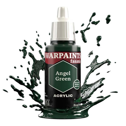 The Army Painter Air Angel Green acrylic paint bottle with green paint splashes surrounding it.