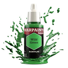 The Army Painter Warpaint Fanatic Wild Green acrylic paint bottle with vibrant green paint splash for miniature highlighting.