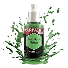 The Army Painter Warpaint Fanatic Ferocious Green acrylic paint bottle with vibrant green splashes around it.