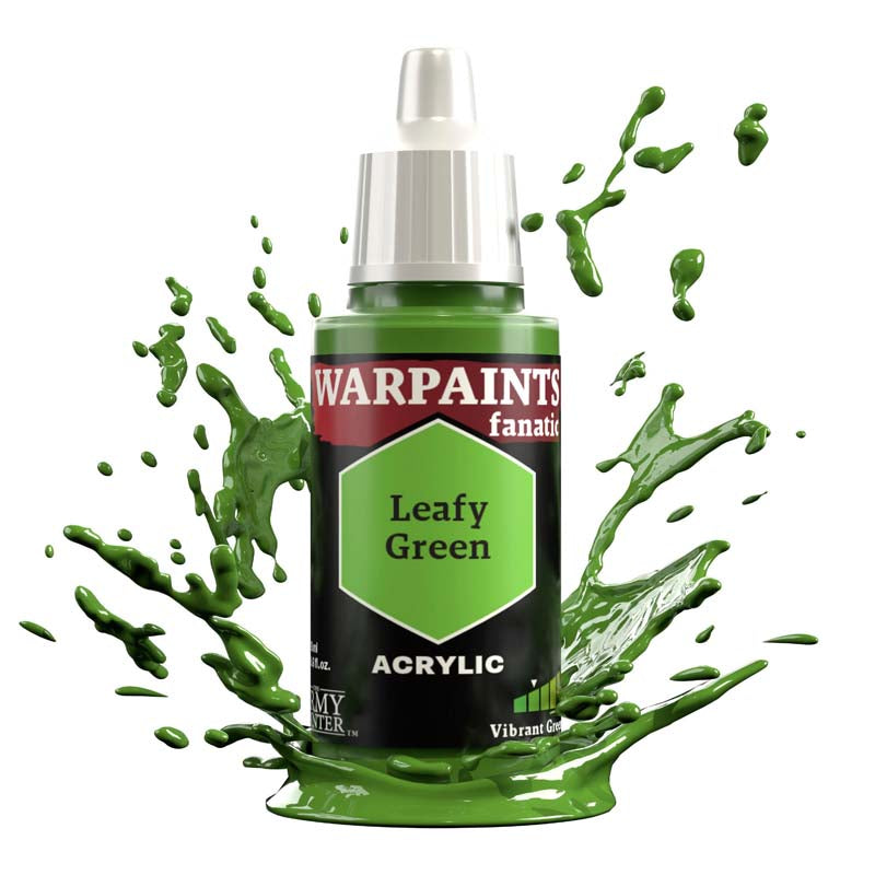 The Army Painter Warpaint Fanatic Leafy Green vibrant acrylic paint bottle with dynamic green paint splashes around it.
