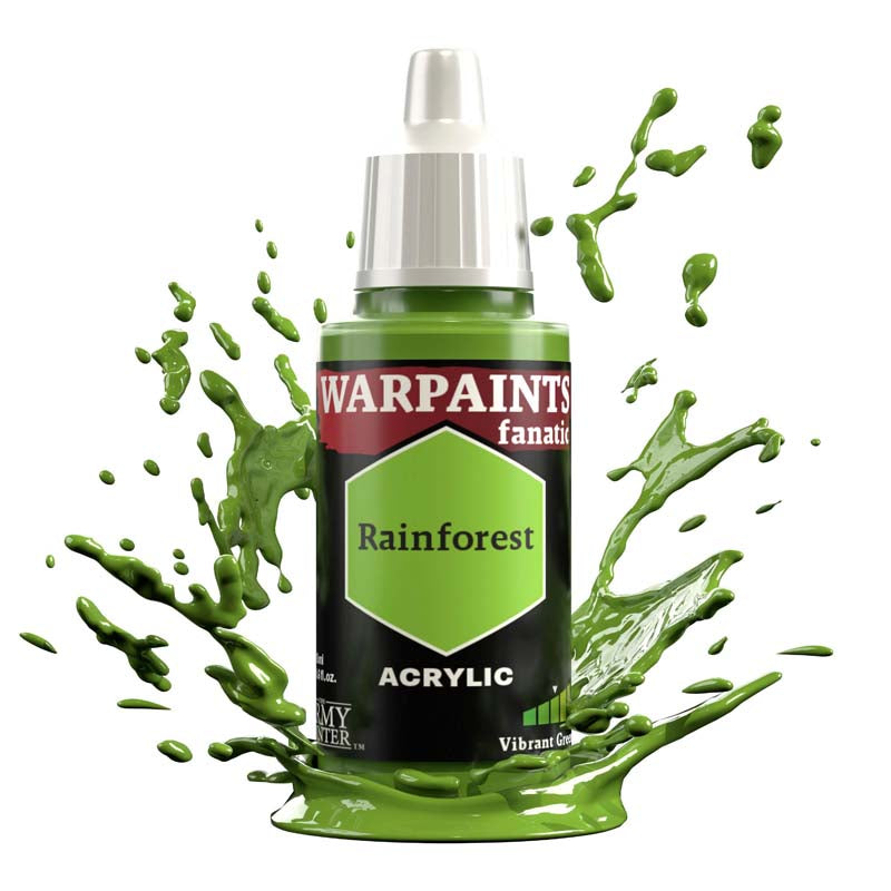 The Army Painter Warpaint Fanatic Rainforest acrylic paint with vivid yellowish green shade splashing.
