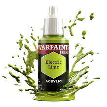 The Army Painter Warpaint Fanatic Electric Lime acrylic paint bottle with vibrant yellowish green splash background