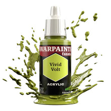 The Army Painter Warpaint Fanatic Vivid Volt acrylic paint bottle with vibrant greenish yellow splash background.