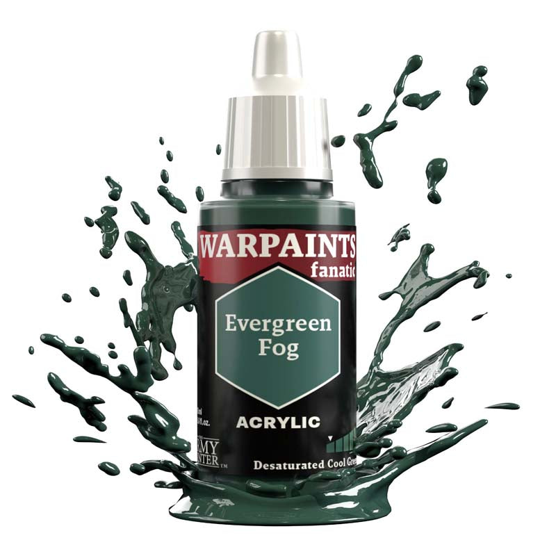 The Army Painter Warpaint Fanatic Evergreen Fog acrylic paint in dark greyish green with splashing paint effect.