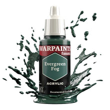 The Army Painter Warpaint Fanatic Evergreen Fog acrylic paint in dark greyish green with splashing paint effect.