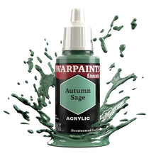 The Army Painter Warpaint Fanatic Autumn Sage acrylic paint bottle with desaturated cool green splash background