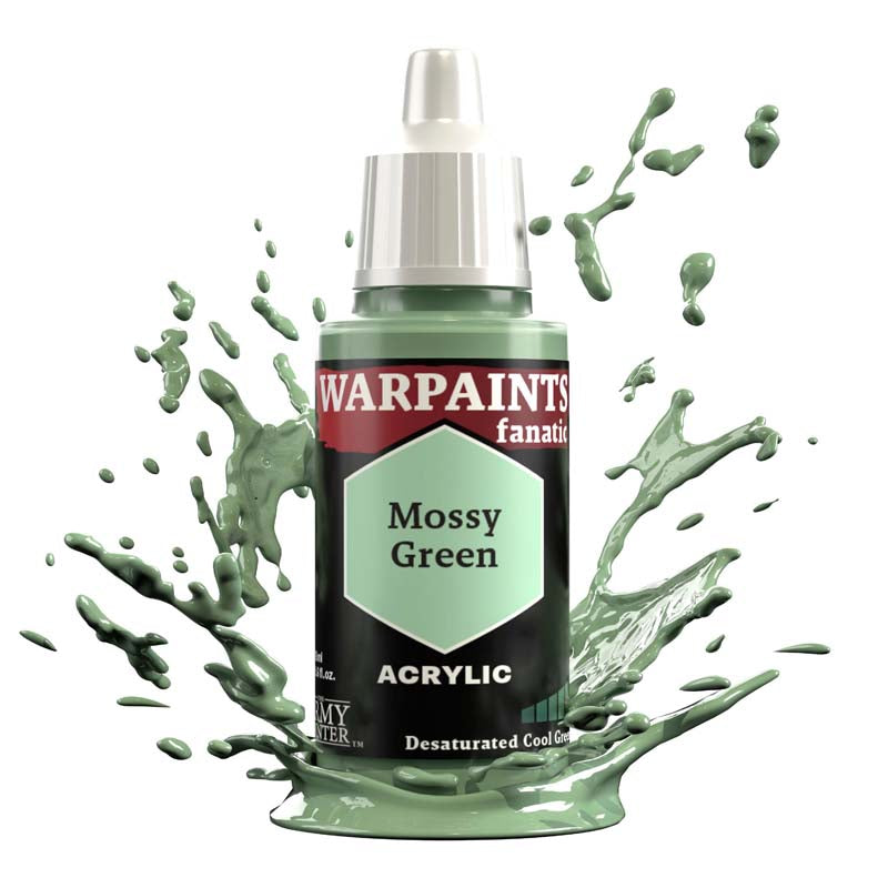 The Army Painter Warpaint Fanatic Mossy Green acrylic paint bottle with pale greyish green splash background.