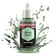 The Army Painter Warpaint Fanatic Mossy Green acrylic paint bottle with pale greyish green splash background.