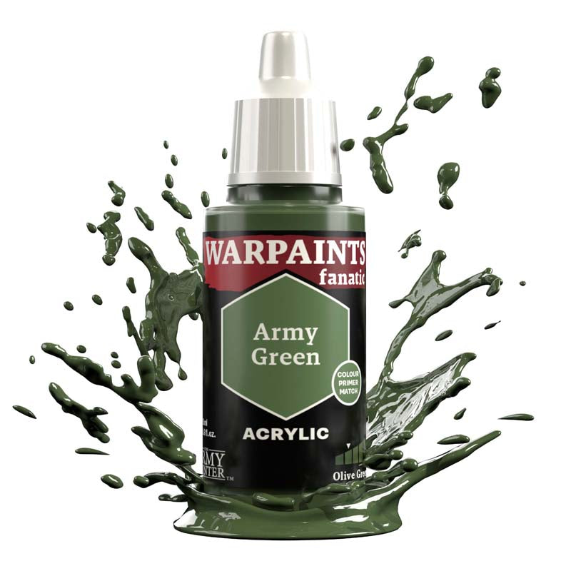 The Army Painter Warpaint Fanatic The Army Green acrylic paint bottle with olive green splash background
