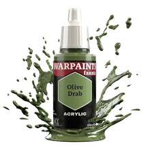 The Army Painter Warpaint Fanatic Olive Drab acrylic paint bottle with splashes of light olive mid-tone green paint