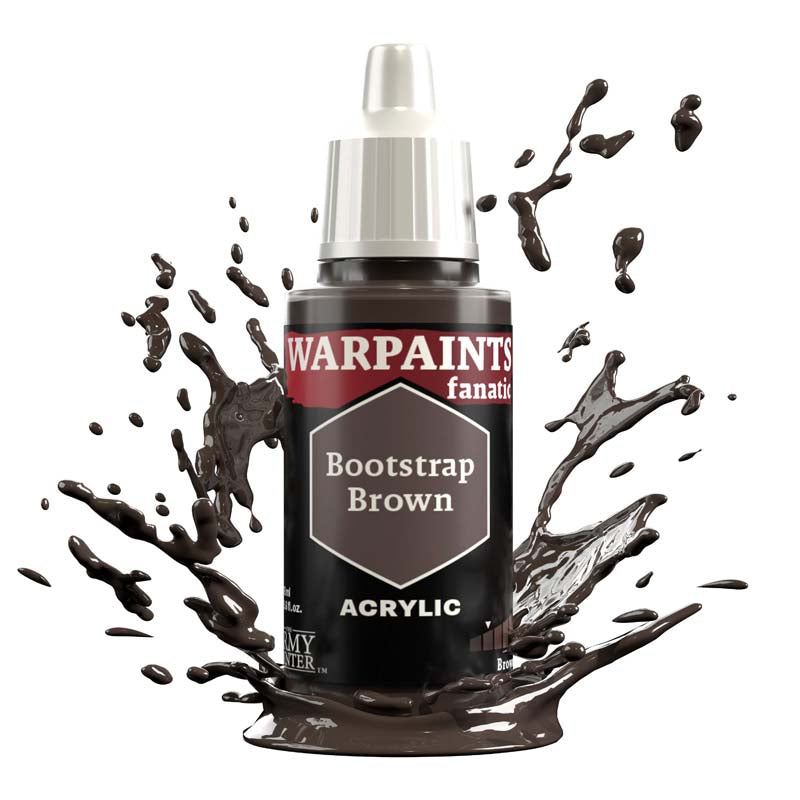 The Army Painter Warpaint Fanatic Bootstrap Brown acrylic paint bottle with deep brown splash for miniature painting.