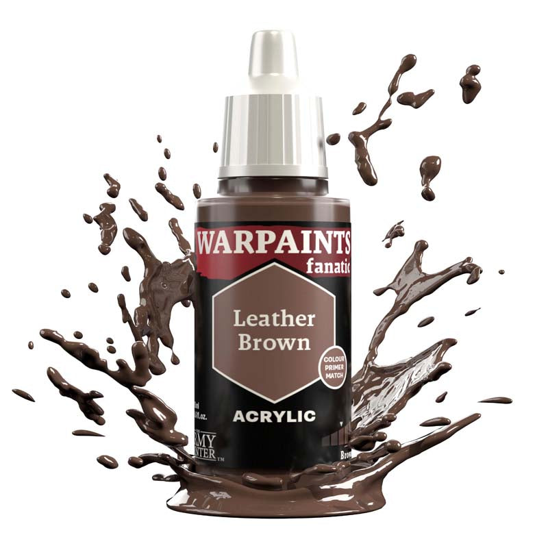 The Army Painter Warpaint Fanatic Leather Brown acrylic paint with rich brown splash for miniature painting.