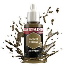 The Army Painter Warpaint Fanatic Desert Yellow acrylic paint bottle with yellowish brown splash background.