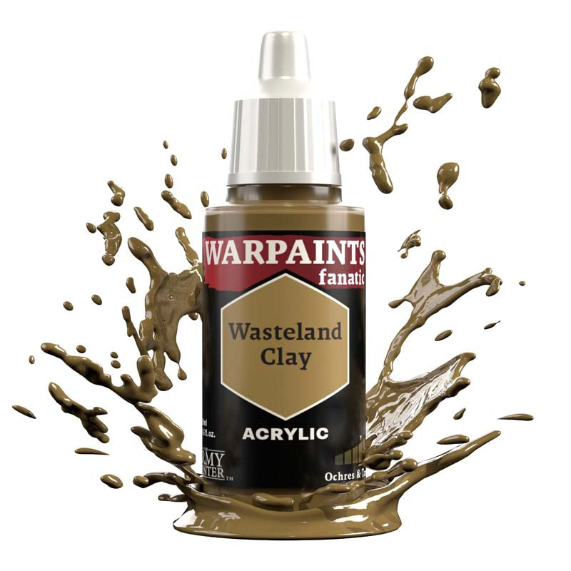The Army Painter Warpaint Fanatic Wasteland Clay acrylic paint in yellowish brown mid-tone splash background