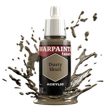 The Army Painter Warpaint Fanatic Dusty Skull acrylic paint in strong olive brown with splashes around the bottle.