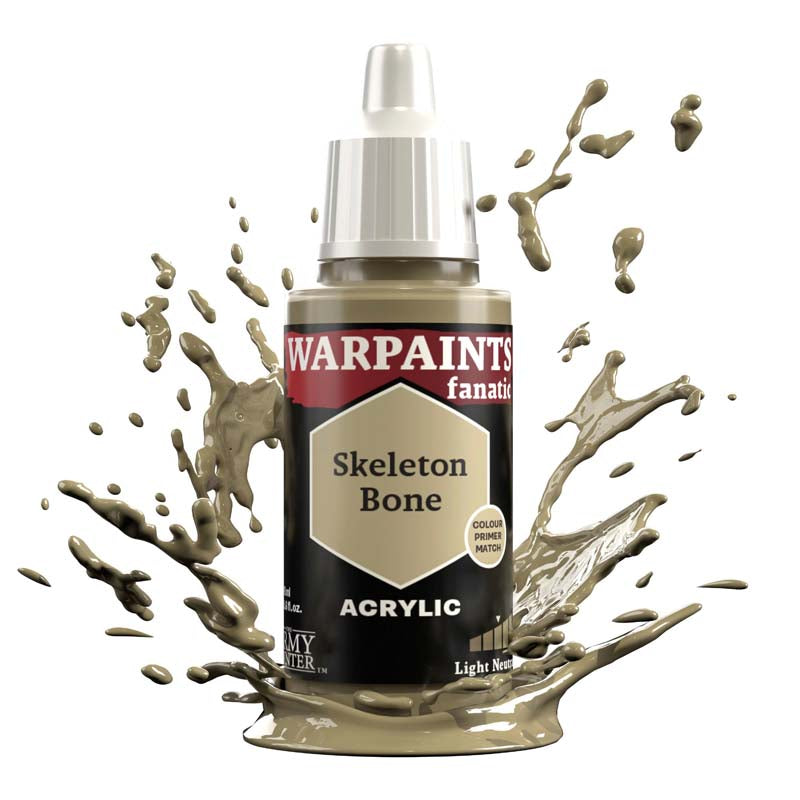 The Army Painter Warpaint Fanatic Skeleton Bone acrylic paint bottle with light olive brown color splashes around it.