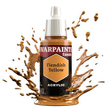 The Army Painter Warpaint Fanatic Fiendish Yellow acrylic paint bottle with dynamic paint splash effect design