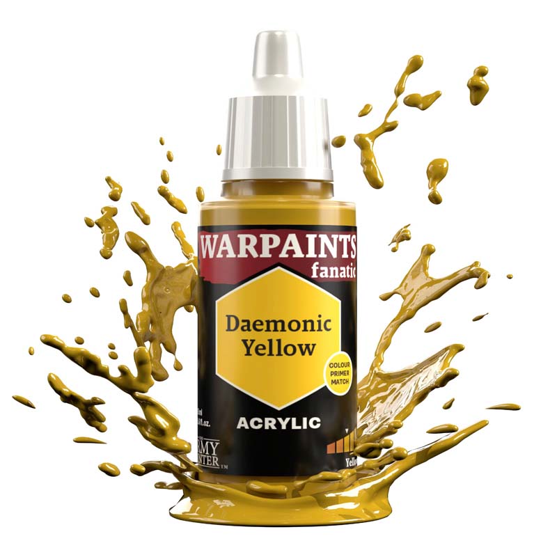 The Army Painter Warpaint Fanatic Daemonic Yellow acrylic paint with vivid yellow splash background