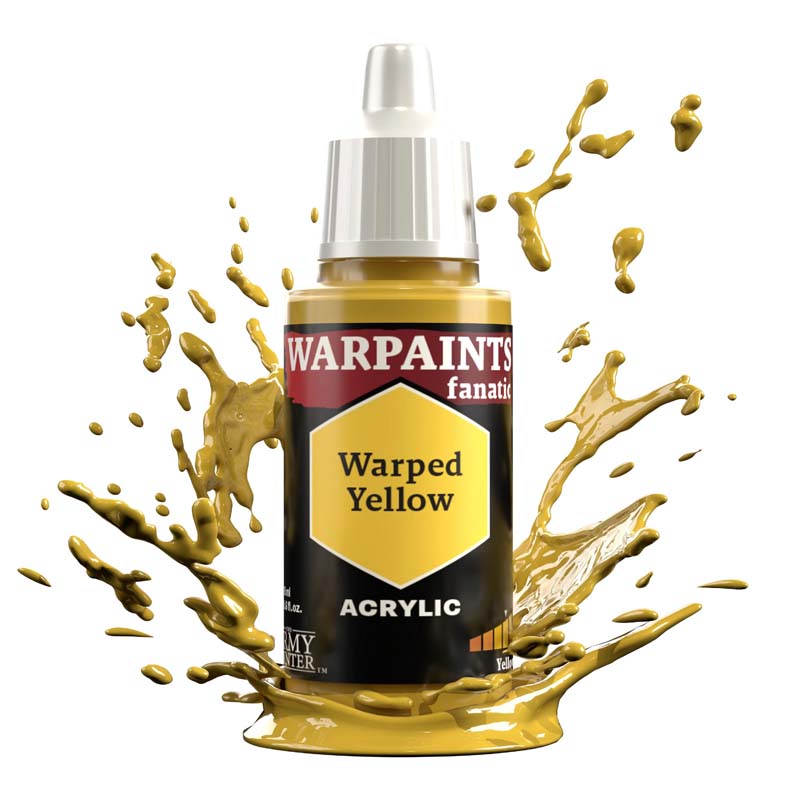 The Army Painter Warpaint Fanatic Warped Yellow acrylic mid-tone paint with dynamic yellow splash background
