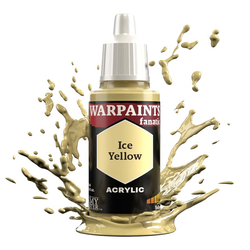 The Army Painter Warpaint Fanatic Ice Yellow acrylic paint bottle with light yellow paint splash for final highlights.