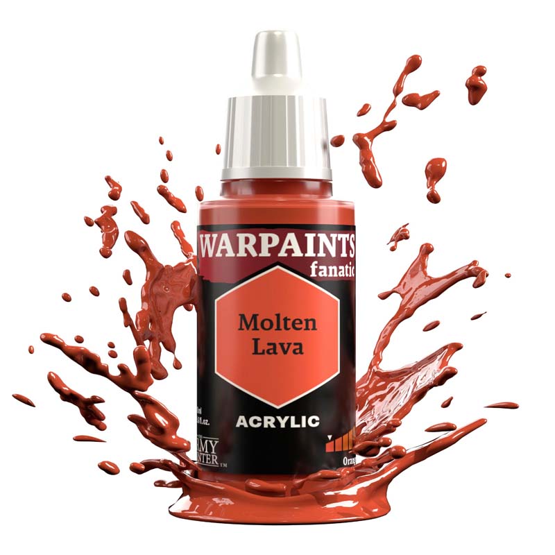 The Army Painter Warpaint Fanatic Molten Lava acrylic paint in strong reddish orange splashing color design.