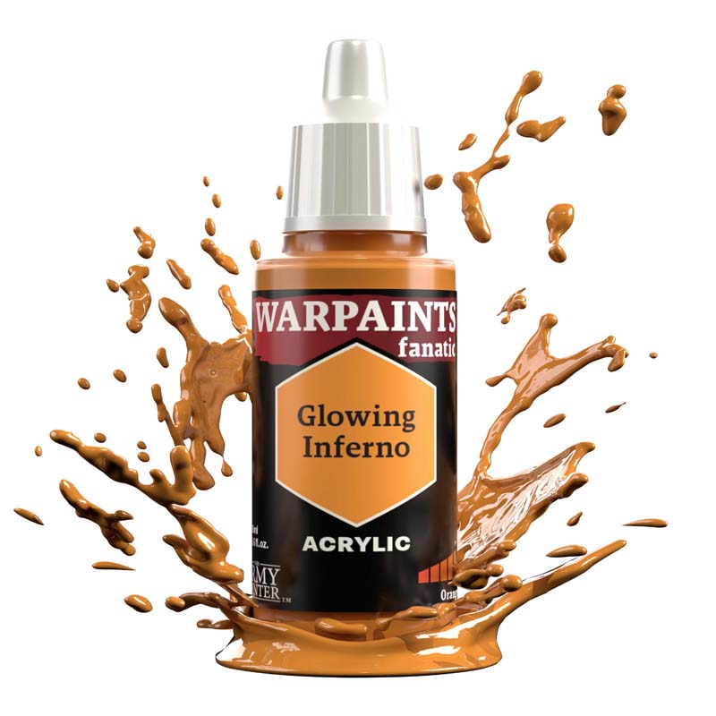 The Army Painter Warpaint Fanatic Glowing Inferno acrylic paint in brilliant orange with dynamic splash effect