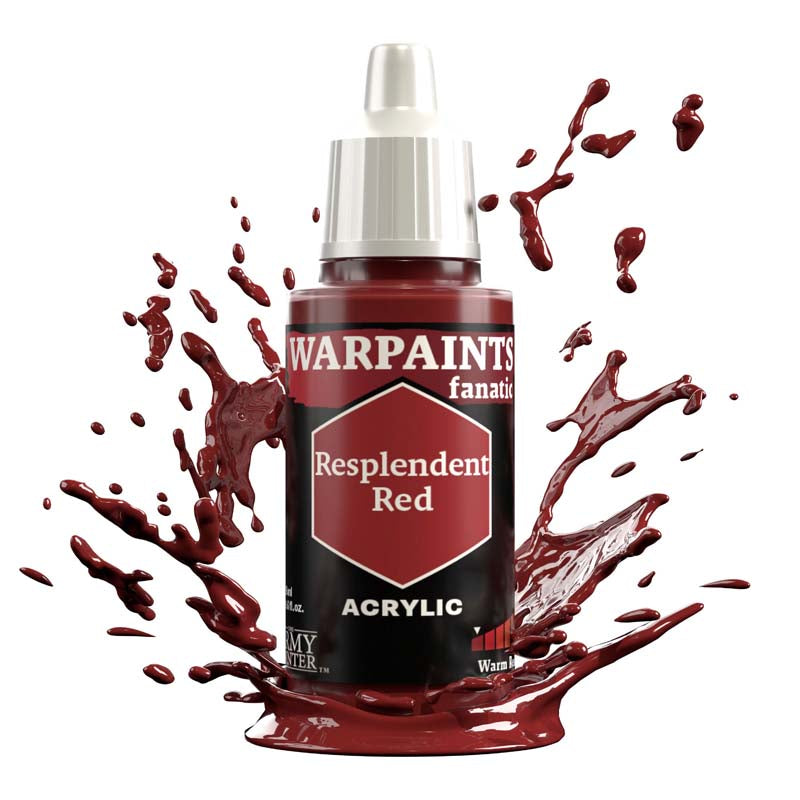 The Army Painter Warpaint Fanatic Resplendent Red acrylic paint bottle with dark red paint splash background.