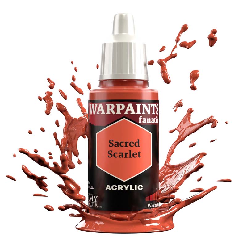 The Army Painter Warpaint Fanatic Sacred Scarlet acrylic paint in light reddish orange with dynamic paint splash background