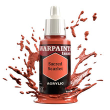 The Army Painter Warpaint Fanatic Sacred Scarlet acrylic paint in light reddish orange with dynamic paint splash background