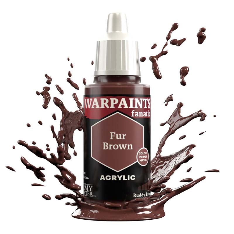 The Army Painter Warpaint Fanatic Fur Brown acrylic paint in reddish brown with a dynamic splash effect