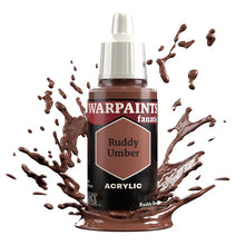 The Army Painter Warpaint Fanatic Ruddy Umber acrylic paint bottle with splashing light reddish brown paint.