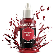 The Army Painter Warpaint Fanatic Dragon Red acrylic paint bottle with vivid purplish red splashes around it.