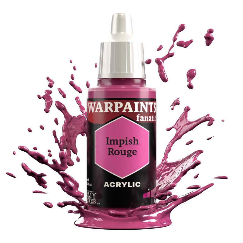 The Army Painter Warpaint Fanatic Impish Rouge acrylic paint bottle with vivid purplish red splash background.
