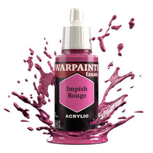 The Army Painter Warpaint Fanatic Impish Rouge acrylic paint bottle with vivid purplish red splash background.