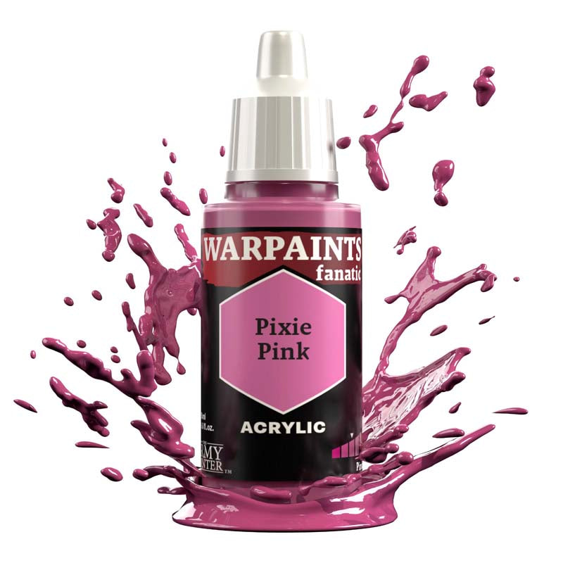 The Army Painter Warpaint Fanatic Pixie Pink vivid purplish pink acrylic paint bottle with dynamic paint splash background
