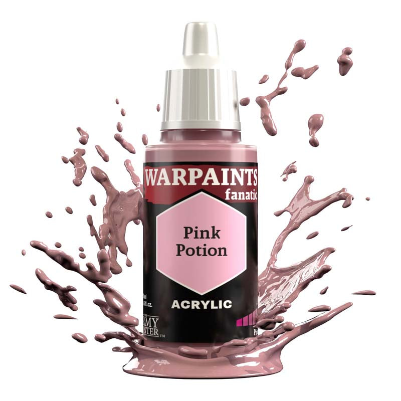 The Army Painter Warpaint Fanatic Pink Potion acrylic paint bottle with light purplish pink splash background