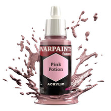 The Army Painter Warpaint Fanatic Pink Potion acrylic paint bottle with light purplish pink splash background
