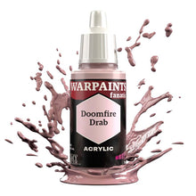 The Army Painter Warpaint Fanatic Doomfire Drab acrylic paint bottle with pinkish-brown color splash background.