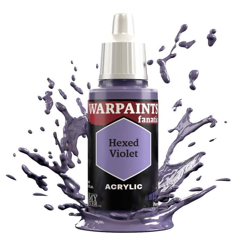 The Army Painter Warpaint Fanatic Hexed Violet acrylic paint bottle with violet paint splashes surrounding it.
