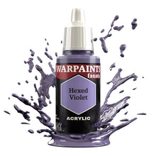 The Army Painter Warpaint Fanatic Hexed Violet acrylic paint bottle with violet paint splashes surrounding it.
