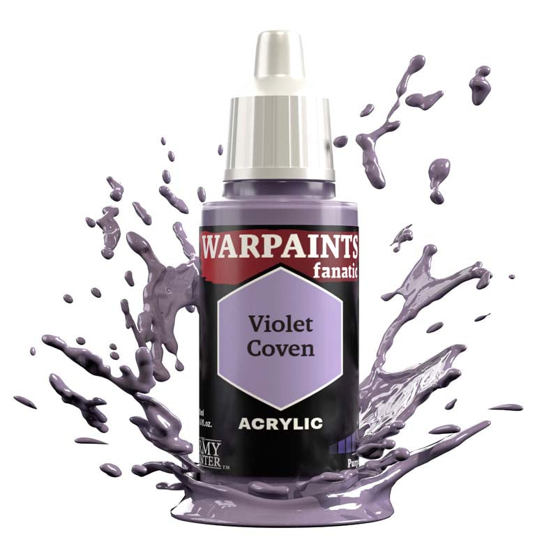 The Army Painter Warpaint Fanatic Violet Coven acrylic paint bottle with dynamic violet splash background.
