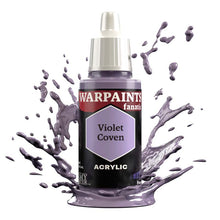 The Army Painter Warpaint Fanatic Violet Coven acrylic paint bottle with dynamic violet splash background.