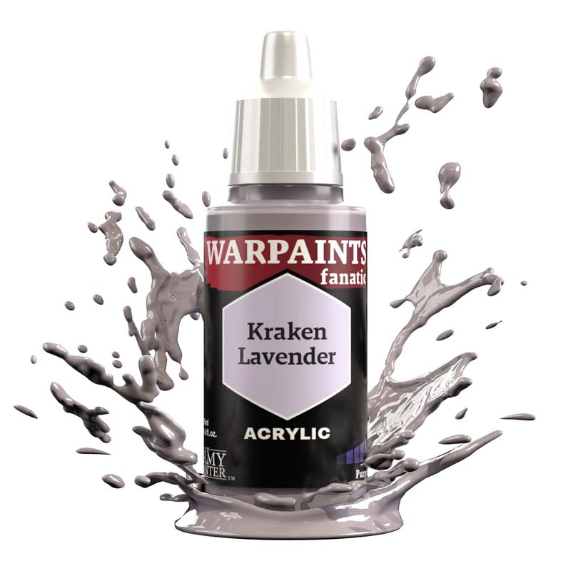 The Army Painter Warpaint Fanatic Kraken Lavender acrylic paint bottle with pale violet splash highlighting purple tones.