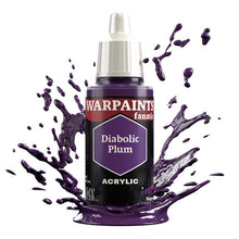 The Army Painter Warpaint Fanatic Diabolic Plum acrylic paint bottle with deep purple paint splash backdrop.