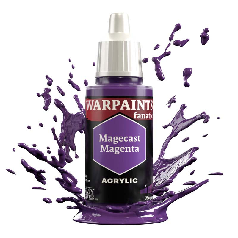 The Army Painter Warpaint Fanatic Magecast Magenta acrylic paint bottle with dynamic purple magenta splash background.