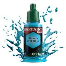 The Army Painter Warpaint Fanatic Effects Plasma Coil Glow fluorescent blue paint bottle with vibrant paint splash background