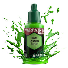 The Army Painter Warpaint Fanatic Effects Data System Glow fluorescent green paint bottle with vibrant paint splash effects.