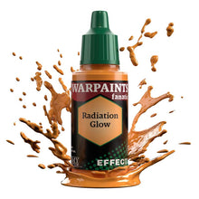 The Army Painter Warpaint Fanatic Effects Radiation Glow fluorescent orange paint with dynamic paint splash background.